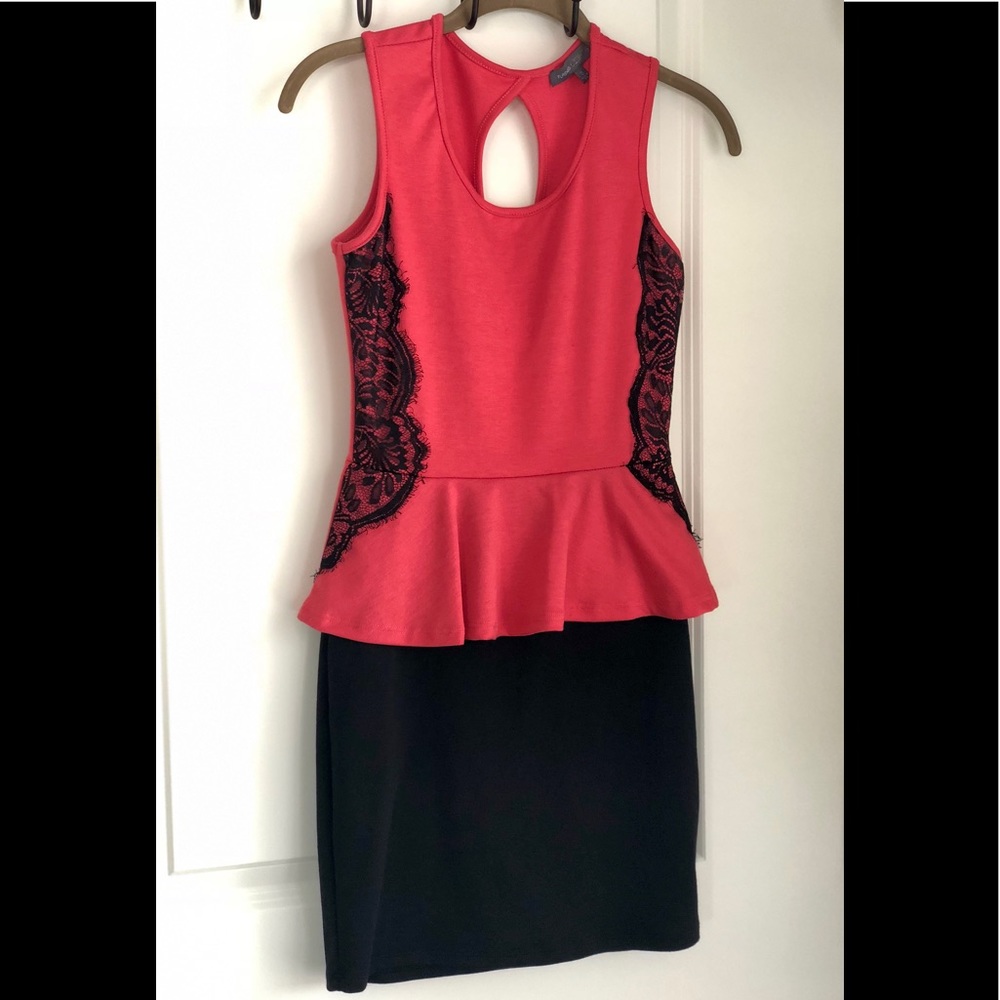 Red and black peplum dress with black lace